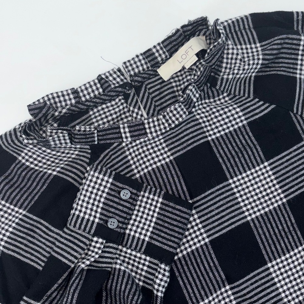 LOFT Womens Black White Plaid Ruffle Mock Neck Raglan Sleeve Blouse Large